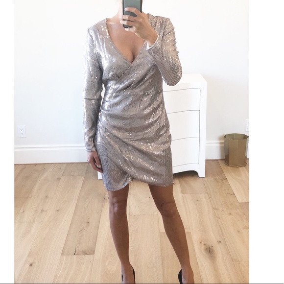 LAST 1! Silver Long Sleeve Sequin Surplice Dress S - Picture 5 of 8